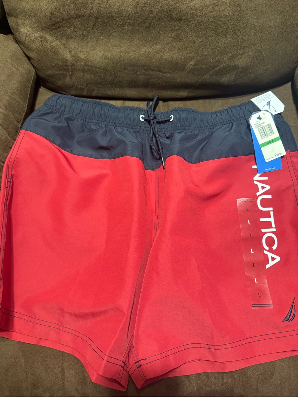 Nautica Men’s Red Swim Trunks with Navy Waistband and Drawstring